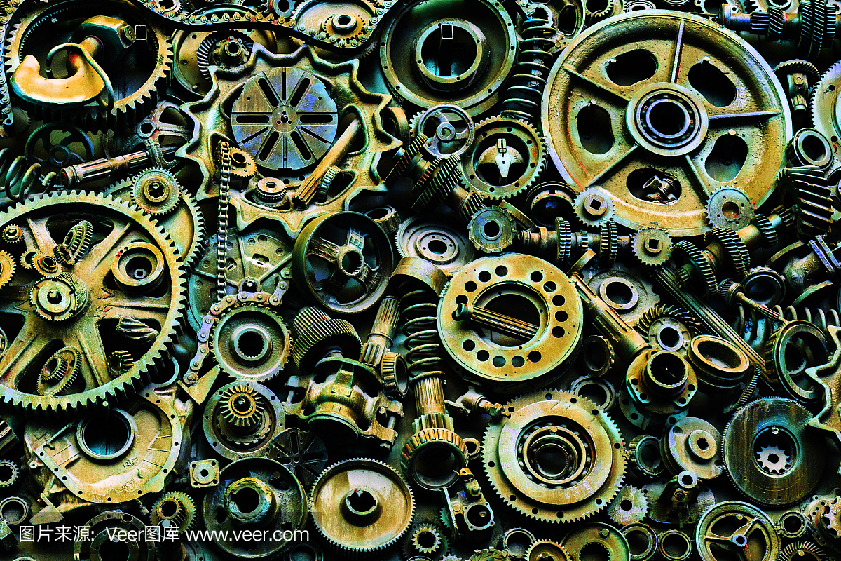 蒸汽朋克的紋理,背景與機械零件,齒輪,蒸汽朋克齒輪,堆汽車零件,舊生銹的鐵鏈,彈簧,車輪,接近